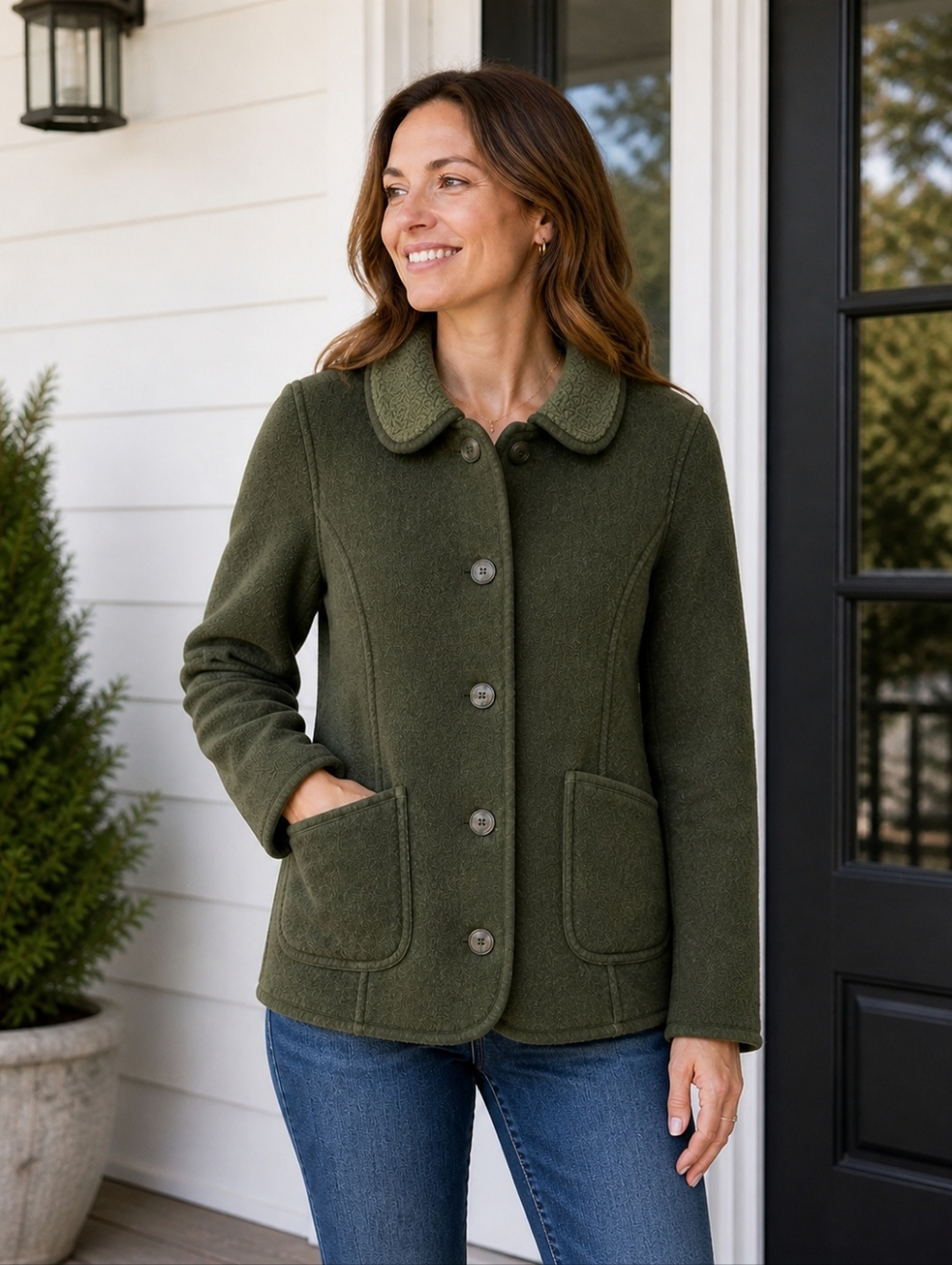 ✨Vintage L.L. Bean Olive Green Fleece Button-Up Jacket with Pockets SIze large